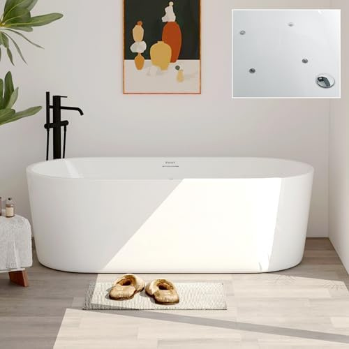 FerdY Shangri-La 67 Inch Freestanding Whirlpool Bathtub, Oval with 8 Water SPA Jets Morden White Stand Alone Jetted Tub, Luxury Acrylic Free Stand Deep Soaking Bath Tub