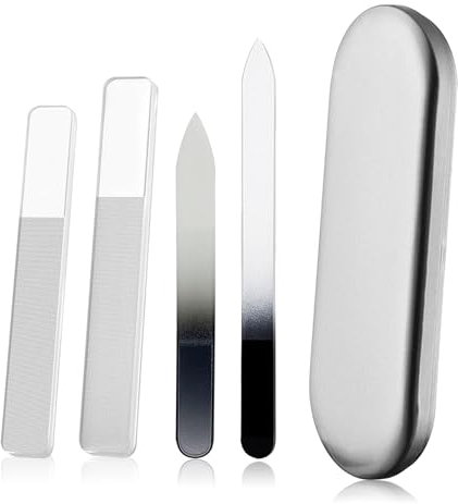 4 lime per unghie in vetro e brillantini, doppia faccia, limetta per unghie nano lucidanti, lima professionale per manicure da salone, kit con custodia in metallo per unghie acriliche e naturali