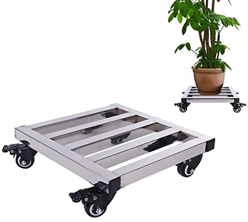 Carrello quadrato per vasi di piante con freno, resistente, mobile, in metallo, per vasi da fiori, sottobicchiere con ruote per una facile mobilità (argento, 40 cm)