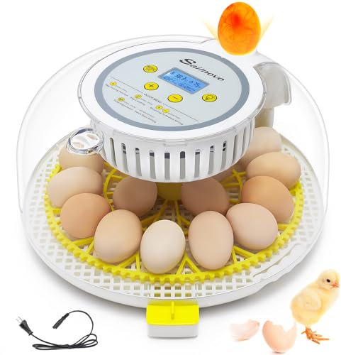 Sailnovo 18 Eier Brutautomat Vollautomatisch,mit Anzeige der Anzahl der Aufzuchttage, Temperatur und Luftfeuchtigkeit,automatischem Eierdrehen und 360°Beobachtung （Gelb）