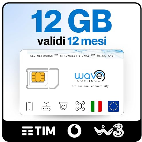 Wave Connect SIM solo dati a tripla rete (TIM, Vodafone, WindTre), 4G LTE + 5G, prepagata, attiva al primo uso, valida in Italia e UE, per dispositivi IoT e telecamere (12 GB | 12 mesI)