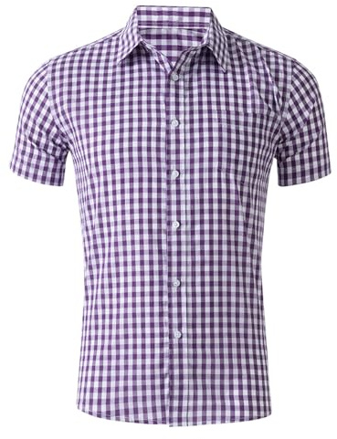 Generisch Camisa de manga corta para hombre, corte regular, a cuadros, cuello Kent, camisa de manga corta, con botones, Oktoberfest, traje regional, a cuadros, camisa tradicional tradicional, A1 Lila