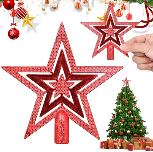 Stella Puntale per Albero di Natale 20cm,Stella di infrangibile,Stella Brillante rosso,Stella per Albero Puntale albero di natale,Elegante Glitterata per FesteCasa e Decorazioni Natalizie(rosso)