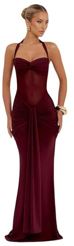 JUMISEE Women’s Sexy Halter Twist Knot Maxi Dress Draped Ribbon Ruched Cocktail Dress Sheer Mesh Bodycon Formal Dresses Burgundy