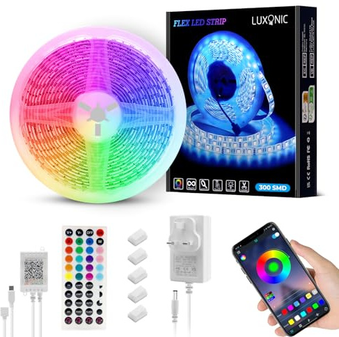 LUXONIC Waterproof LED Strip Light 5M,60 LED/M,300 LEDs Super Bright,24V 5050 Outdoor RGB Rope Light with Remote APP Control, Music Sync Color Changing for Ceilings/Home/Party/Outdoor Patio Decor