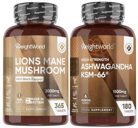 Ashwagandha KSM-66 e Lions Mane Bundle, 180 Compresse + 365 Micro Compresse, Integratore Ashwagandha Polvere, 1500mg per Dose, Estratto 12:1, Integratore Lion's Mane 2000mg, Estratto 25:1, Senza OGM