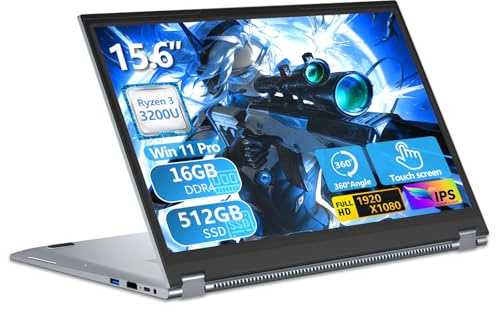 15,6 Pulgadas 2 en 1 Ordenador Portátil con Pantalla Táctil Ryzen R3-3200U Procesador, PC Portátil WIN 11 16GB DDR4 RAM 512GB SSD 360° Pantalla Táctil, Laptop FHD IPS Teclado Retroiluminado HDMI RJ45