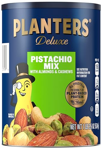 PLANTERS Pistachio Nuts Lovers Nut Mix with Pistachios no shell, Almonds & Cashews, Party Snacks, Plant-Based Protein, After School Snack, Bulk Nuts, Kosher 1lb 2.5oz