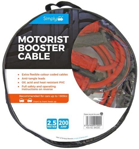Simply SM200 Zip-bag Motorist Jump Leads Booster Cable 200AMP 2.5M Long Anti-tangle leads Oil acid and heat resistant PVC Fully Insulated Metal Clips and Operating Instructions