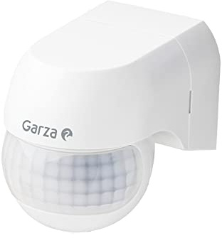 Garza - Mini Detector de movimimiento por infrarrojos para interior y exterior, protección IP44, tiempo y luminosidad regulables, ángulo detección 180º, blanco