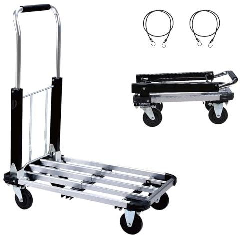 LEADALLWAY Foldable Push Cart Aluminum Alloy Platform Cart with 4-Wheel,Adjustable Length,330-LB Capacity(with 2 Ropes)