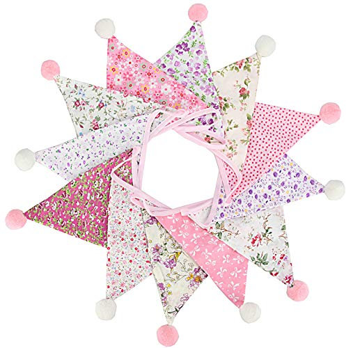 G2PLUS Blumen Wimpelkette mit Poms: 4M Rosa Stoff Wimpel mit 12 STK Wimpeln, Floral Girlande im Schön Stil für Geburtstag, Kinderzimmer, Prinzessinnenzimmer, Party