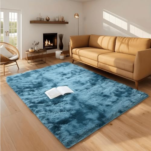 linyingdian Tapis de Salon, Tapis à Poils Longs, Chambre à Coucher Doux, antidérapant, Moelleux, Pelucheux Chambre d’Enfant intérieure surdimensionnée, Douce Moderne (Bleu, 120 x 160cm)