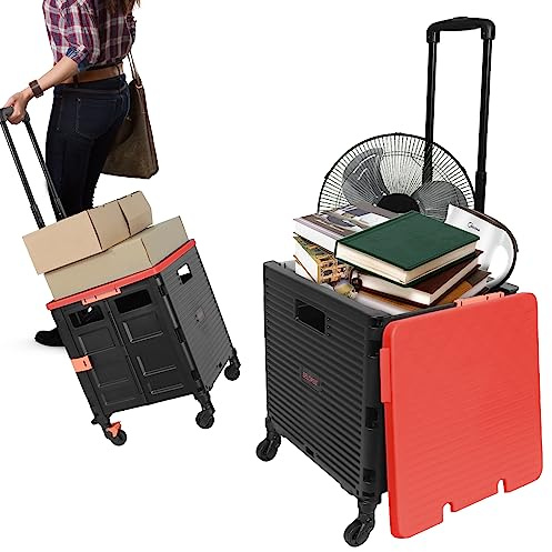 LexonElec Chariot de Courses Pliable en Plastique, Rouge, 50 kg, Panier de Courses avec Couvercle, Poignée Coulissante, 8 Roues