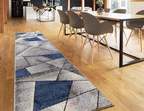 oKu-Tex Teppich | Webteppich | für Wohnzimmer, Flur, Schlafzimmer | Teppichläufer, Brücke | Blau Modern | geometrisches Design | Öko-Tex 100 |Größe 80 x 330 cm, 30161blau080330