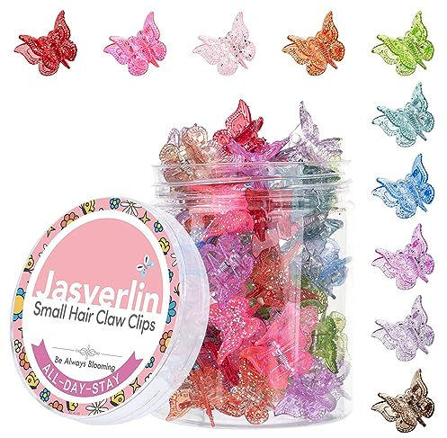 JASVERLIN Glitter Mini Butterfly Hair Claw Clips, Sparkly Colorful Hair Accessories for Girls and Women - 90s Y2K Cute, Small, Tiny Clip in 10 Assorted Colors, Set of 50 (Glitter)