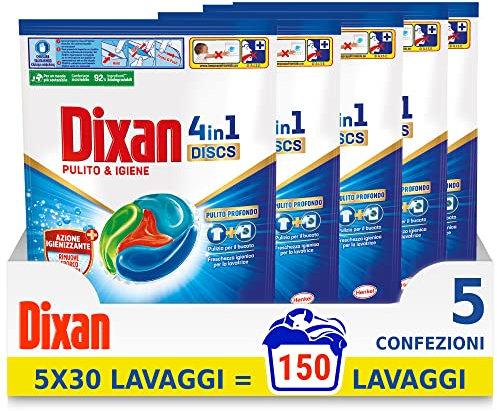 Dixan Discs Igiene, Detersivo Lavatrice in Capsule, Confezione da 5 x 30 lavaggi