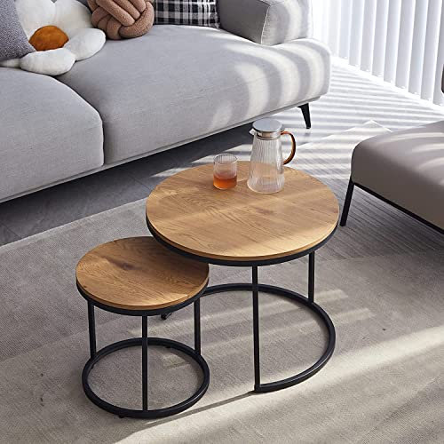 HJhomeheart Runde Satztische 2er Set, Couchtische, Groß: 60 x 60 x 45 cm, Klein: 40 x 40 x 35 cm, Hellbraun