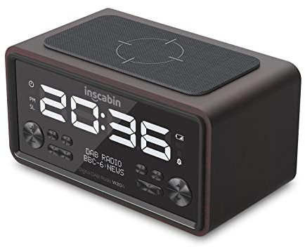 Inscabin W20A DAB/DAB + FM Radio-réveil numérique avec chargement sans fil/grand écran, haut-parleur sans fil portable avec Bluetooth, beau design pour chambre, cuisine, bureau (noir)