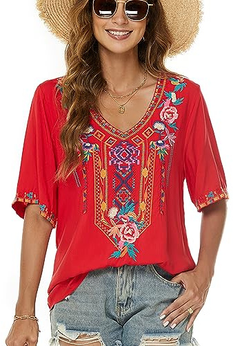 drakloak Chemisier d'été pour Femme，Tunique brodée Indienne pour Femme，Broderie Folklore Tops，Boho Hippie Manches Courtes