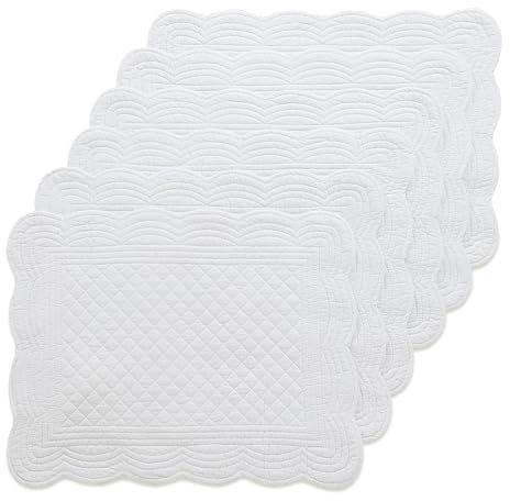 MABOZOO 100% Cotton Quilted Placemats Set of 6,Washable Cloth Table Placemats for Kitchen & Dining Table,Rectangular Pure White Plate Mats