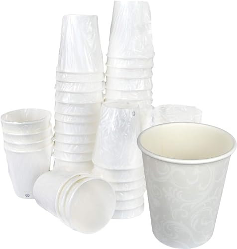 SDG 100 vasos de papel con motivo Damasco color blanco 7 oz (200 ml) envasados individualmente desechables