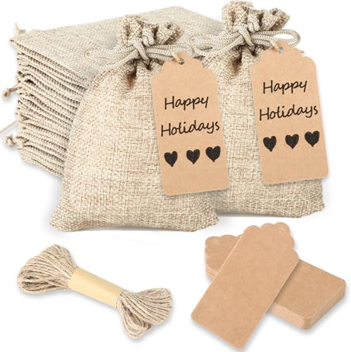 Bolsitas de Tela Pequeñas,Saco Yute,Conjunto de 25 piezas con etiqueta, cordón y bolsas de regalo reutilizables, adecuado para días festivos, bodas, fiestas, cumpleaños, bendiciones