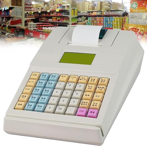 Kommerzielle elektronische Mini-Registrierkasse, vollständige englische Tastatur, für Kleinunternehmens-Supermärkte, intelligente Kassen mit 40 Tasten und Thermodrucker (Farbe: Weiß)