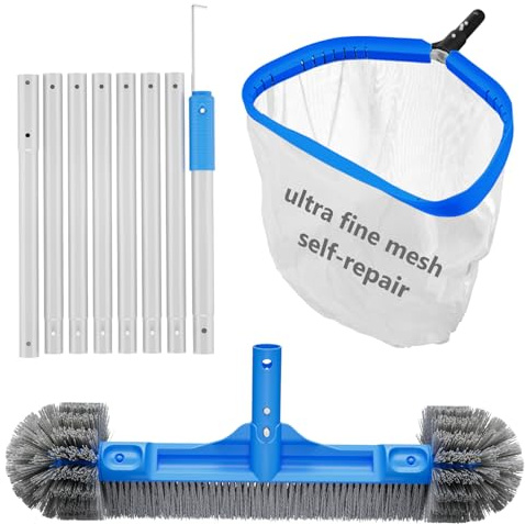 TidyMister Pool Cleaning Kit Full Set - 17.5'' Self-Repair Pool Nylon Net Ultra Fine Mesh & 17.5'' Detachable Round End Pool Brush & 10 Ft Pool Pole with Hook, for Above Ground In-ground Pools, Spas