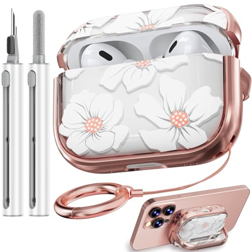 Bloqueo de seguridad Inesore Floral Linda Funda Compatible con AirPods Pro (1ª/2ª Gen), Estuche para Mujeres y Niñas, con Kit de Limpieza (2023 USB-C/2022/2019) - Blanco
