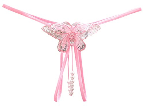 String String Sexy Mince Transparent - String Femme Dentelle - Culotte Taille Haute Papillon Perles Massage Tanga avec Entrée Basse et Culotte à Paillettes Ouverte Dentelle String, Rose, taille unique