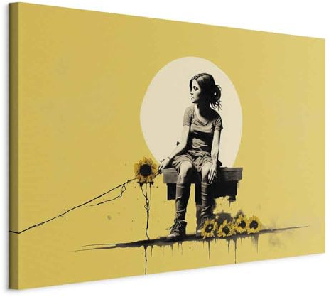 murando - Quadro Acustico Banksy 90x60 cm - 1 pezzo Schiuma Acustica Quadri Stampa su Tela - Protezione dai Rumori Fonoassorbente - la ragazza si siede con fiori di girasole h-H-10028-b-a