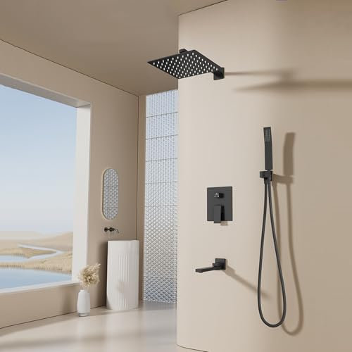 Grifo Ducha Empotrado Cabezal de Ducha Cuadrado 10'' Grifos Duchas de Baño con Caño de Bañera Giratoria 180°,negro