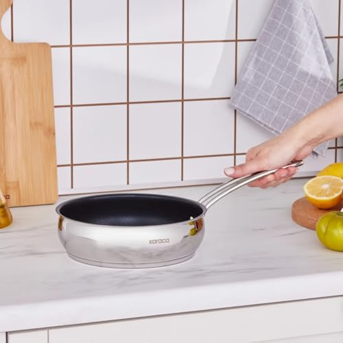 Karaca Emirgan stekpanna 20 cm, stekpanna i rostfritt stål med non-stick-beläggning, stekpanna induktion, 1,96 l, enhetlig värmefördelning rostfri stålpanna, silver