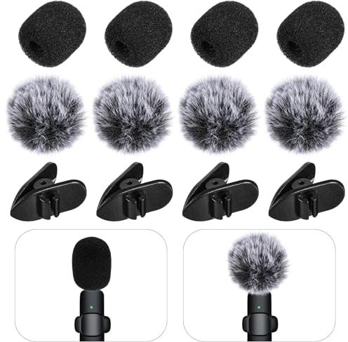 Wanmu Mini Wireless Furry Windscreen & Foam Cover Set for Lavalier Microphone, 12 Pcs Washable Microphone Windscreen Windproof Microphones Covers with Clips Foam Mini Mic Cover to Reduce Wind Noise