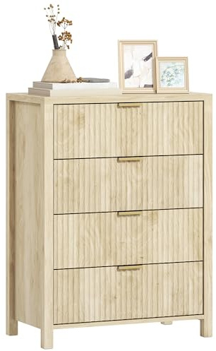 HOMCOM Cassettiera Camera da Letto 4 Cassetti Scanalati, Comò Camera da Letto in Legno con Maniglie Dorate, per Soggiorno, Sala da Pranzo e Corridoio, 70x38x93 cm, Legno Naturale