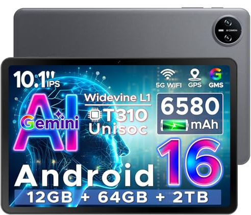 DOOGEE Tab A9 Tablet 10 Zoll Android 16, 12GB RAM+64GB ROM(TF 2TB) Gaming Tablet, Gemini AI, 6580mAh, Unisoc T310, Dual Speaker, 5G WiFi, 8MP Kamera, Bluetooth 5.0, Face ID, 3.5mm Kopfhöreranschluss