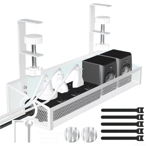 Plateau de gestion des câbles sous le bureau taille réglable avec construction en métal pour garder les câbles propres et encombrer l'espace de travail avec fentes latérales pour accessoires (noir)