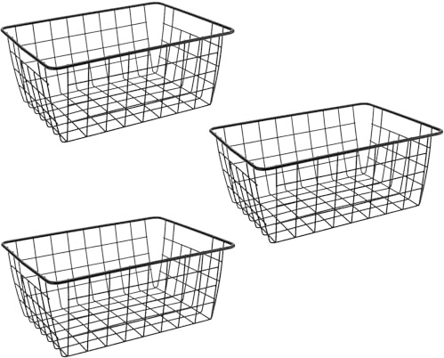 WEIWUXIAN 3 Piezas 28x22x12 cm Alambre Cestas de Almacenamiento de Alambre con Asas, Cestas de Despensa de Congelador para Congelador, Cocina, Despensa, Baño y Organizador, Negro