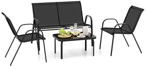 COSTWAY 4-Piece Garden Furniture Set, Metal Frame Patio Conversation Set with Loveseat, 2 Bistro Chairs & Tempered Glass Table, Outdoor Table and Chairs Conservatory Seating for Balcony Yard (Black)
