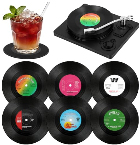 AOOWU Sous-Verres Rétro Vinyle, 6PCS sous-verres disque en vinyle (LP), Dessous de Verre Vinyle Rétro CD sous Verres, Dessous de Plat Ronds style rétro, antidérapants pour Bars, Café, Boissons, Tasses