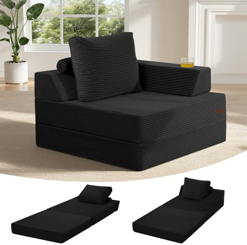 MeMoreCool Folding Sofa Bed Single, Convertible Boneless Couch with Pillow | Corduroy Foldable Chair for Small Spaces, High-Density Foam, No Assembly Guest Sofa Bed, Removable Washable Cover, Black