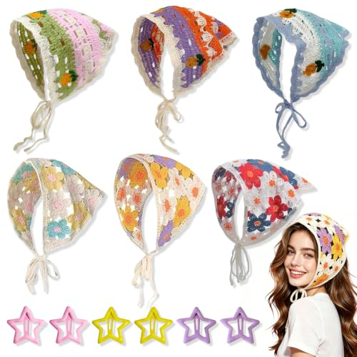 YinnFeen 6 Pièces Foulards Triangulaires, Doux Foulard au Crochet Bandeau Floral au Crochet, Boho Foulard Bohème avec Pinces à Cheveux en Forme d’Étoile pour Femmes