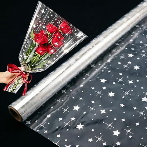 43CM x 10M Papel de Regalo Envolver Transparente, Papel de Regalos Celofan Rollo Transparente Cumpleaños Wrapping Paper Personalizado Estrellas Dibujo Navidad Boda Flores