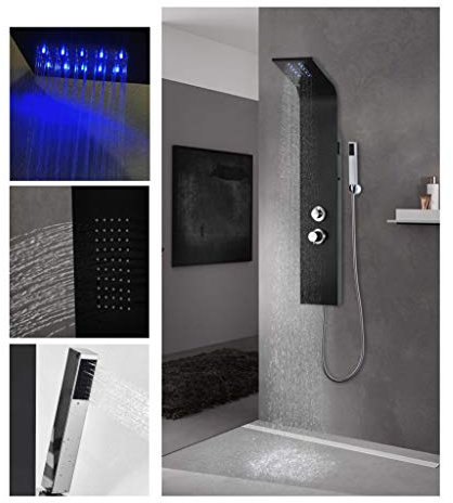 vanvilla LED Duschpaneel Massage Alu Brausepaneel Mattschwarz Einhebelmischer Regendusche Duschsäule Cristobal