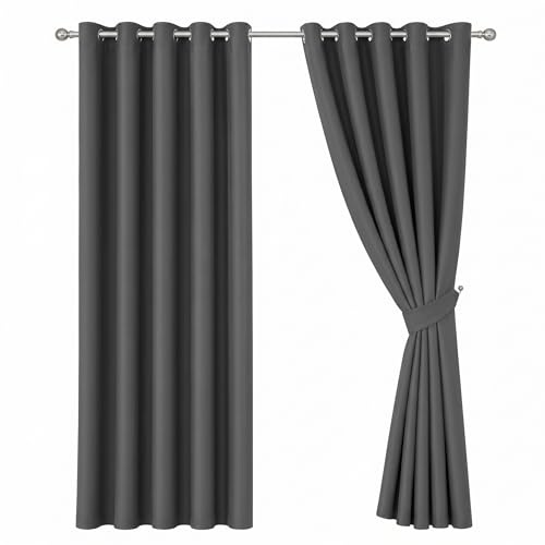 Oxford Homeware Eyelet Blackout Curtains for Bedroom, Grey 66”x72” 1 Pair | Black out Bedroom Curtains, 72” Drop Thermal Insulated Curtains, Privacy Protection Eyelet Curtain, 2 Panels with Tiebacks