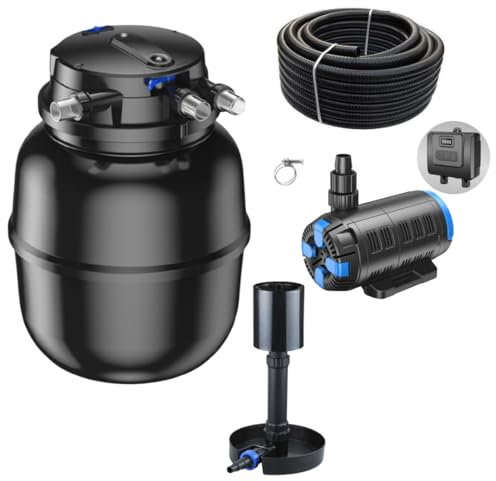 AquaOne Teichfilter Set mit Teichpumpe I Filteranlage CPU-50000 für einen Teich bis 80.000 Liter I Komplettset mit UV Lampe regelbare Eco Pumpe 37-180 Watt Skimmer Teichschlauch Nr.60