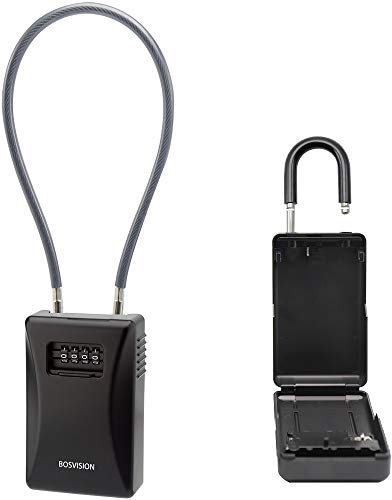 Boîte à Clé Sécurisée avec 4 Code Combinaison, manille détachable, pour maison, école, bureau (Couverture étanche +Câble 50cm)