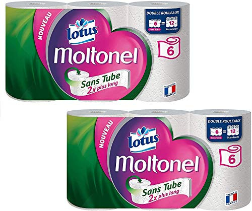 Moltonel Lotus Sans Tube Papier toilette 3 épaisseurs - Lot de 2 x 6 rouleaux (12 rouleaux sans tube = 24 rouleaux standard)