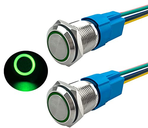 Aiqeer 2 Piezas 16 mm Interruptores de Botón Momentáneo, 12V / 24V 5A Interruptor de Botón LED Verde, Interruptor Pulsador Metálico Impermeable, con Enchufe Precableado